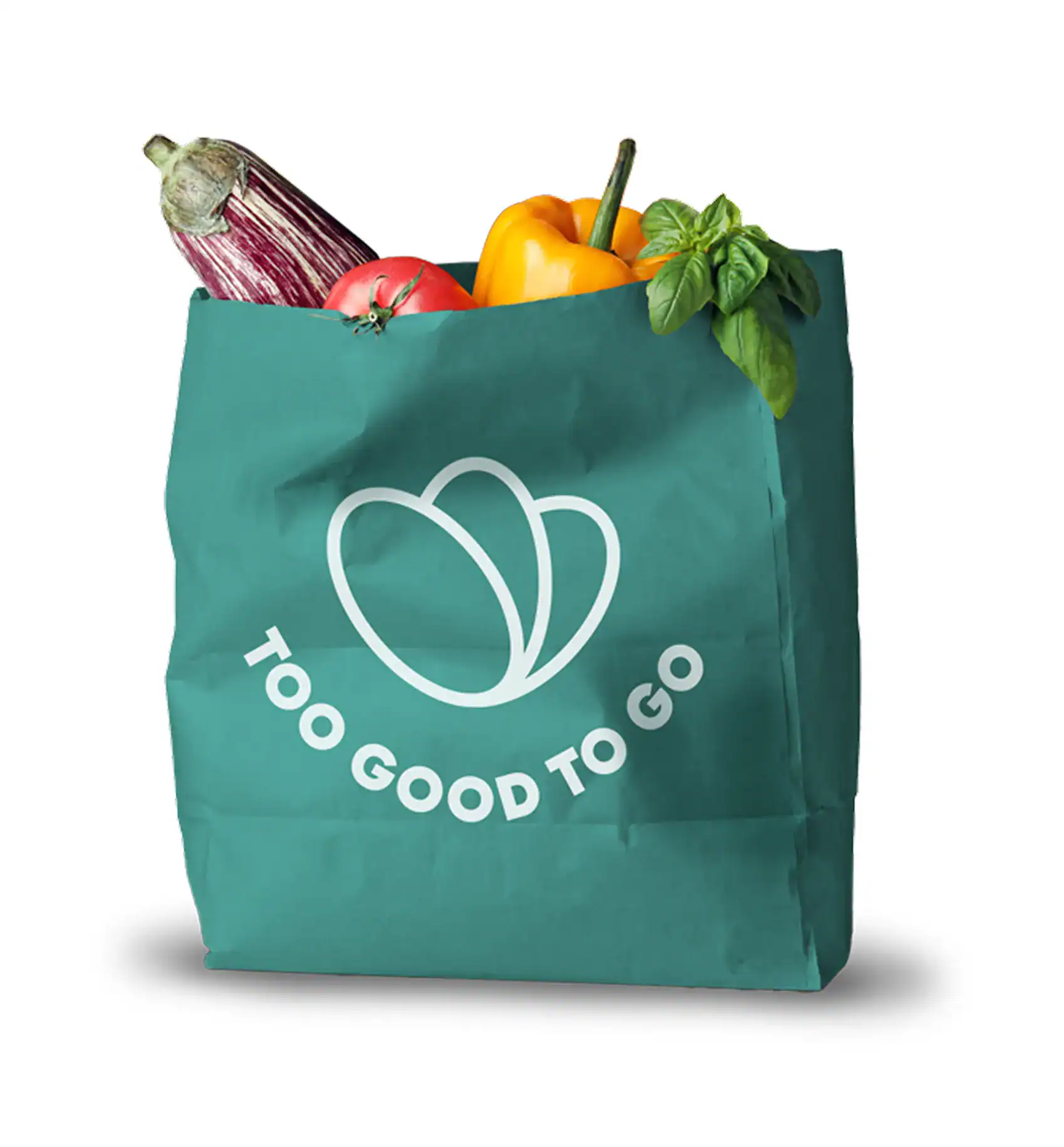 Eine grüne Papiertüte mit der Aufschrift "Too Good To Go" vom Restaurant Glättli, gefüllt mit einer Aubergine, gelber Paprika, Tomate und frischem Basilikum.