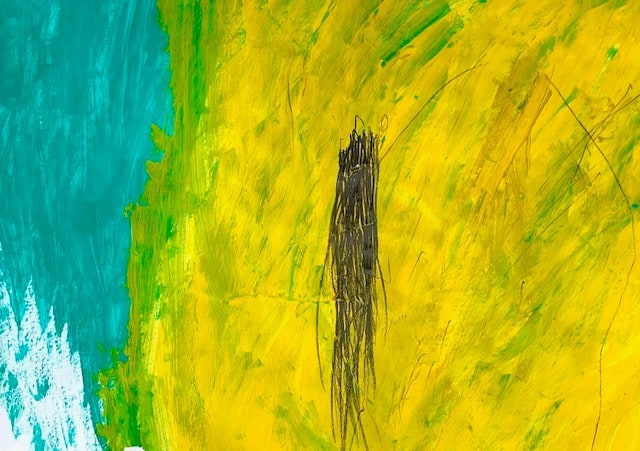Abstraktes Gemälde mit breiten Pinselstrichen in Petrol, Gelb und Grün, mit einer dunkelbraunen vertikalen Markierung in der Mitte, die an einen Baumstamm erinnert - ein ausdrucksstarkes Werk, das häufig in einer Tagesstätte für Menschen mit Behinderung ausgestellt wird.