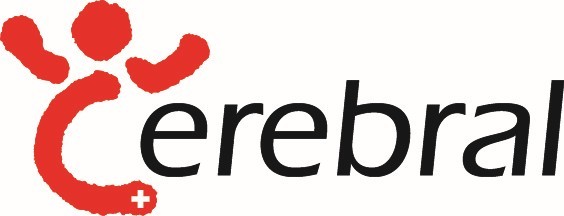 Logo mit dem Wort "cerebral" in schwarzer Schrift. Der Buchstabe "C" ist in Rot mit einem kleinen weißen Schweizer Kreuz stilisiert, das an eine Person mit erhobenen Armen erinnert.