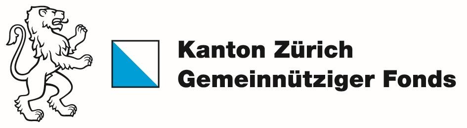 Logo des Gemeinnützigen Fonds des Kantons Zürich mit einem blau-weissen Quadrat neben einer Löwen-Illustration und fetter schwarzer Schrift.