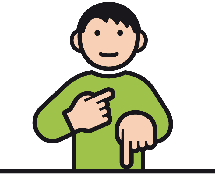 Die Cartoon-Person im grünen Hemd zeigt mit der einen Hand nach links und mit der anderen nach unten und illustriert damit Richtungen im Zusammenhang mit der Ambulanten Wohnbegleitung.