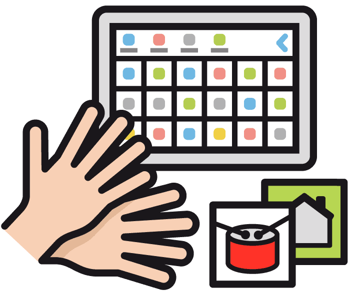 Illustration von unterzeichnenden Händen vor einem Tablet, das einen farbcodierten Kalender anzeigt, mit den Symbolen einer Suppendose in einem Umschlag und einem Haus in der Nähe - Hervorhebung von spenden für soziale Projekte.