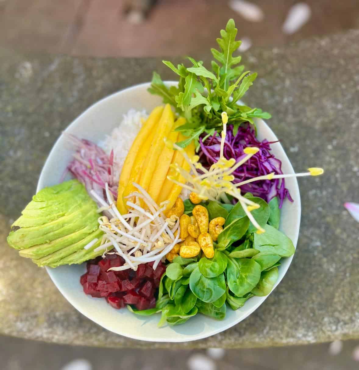 Eine Schale mit geschnittener Avocado, Mango, geraspelter Roter Bete, Rettich, Rotkohl, Blattgemüse, Bohnensprossen und in Kurkuma gerösteten Kichererbsen, die abschnittsweise auf Reis angerichtet sind.
